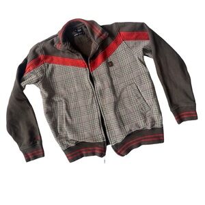 Mark Ecko Cut & Sew Jacket Mens Small Brown Orange Plaid Full Zip Pockets